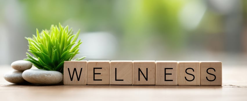 The wooden blocks spelling wellness alongside a vibrant green plant. photo
