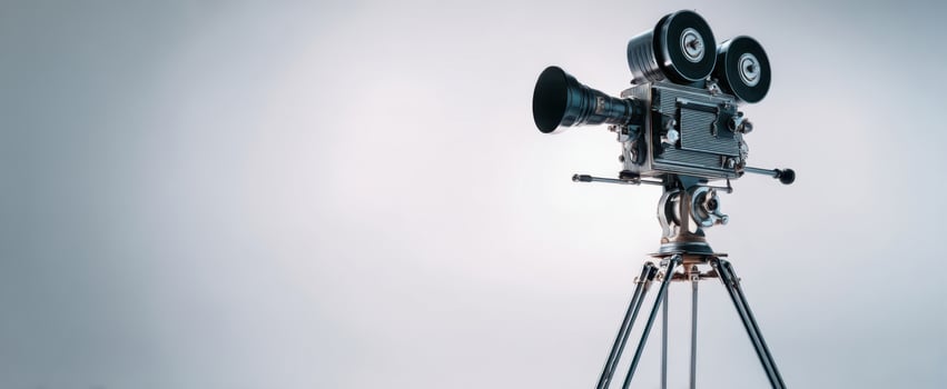 The vintage film camera standing tall on a tripod in a studio setting. photo