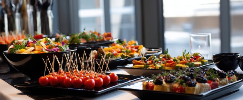 The vibrant display of appetizers and gourmet dishes at a buffet table. photo
