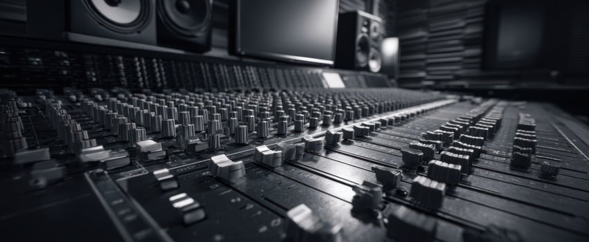 The sophisticated audio mixing console in a modern music studio environment. photo