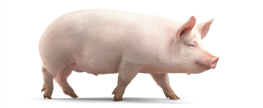 The adorable pink pig walking confidently on a farm background photo