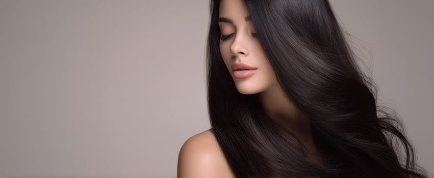 The elegant woman with flowing black hair in a soft and serene portrait. photo