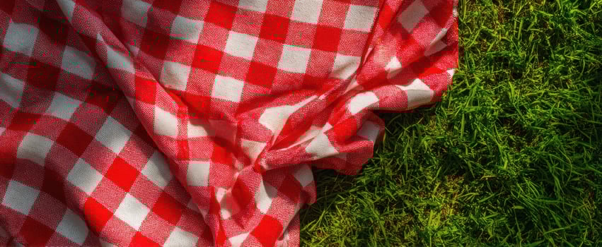 The vibrant red checkered picnic blanket resting on lush green grass photo