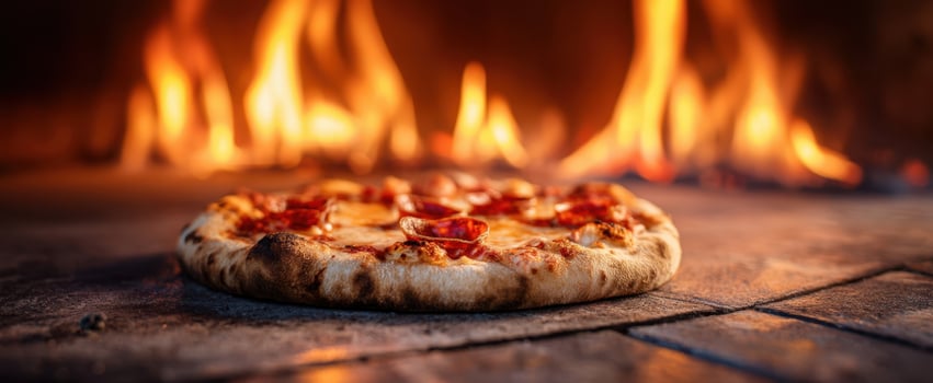 The delicious pepperoni pizza emerging from a roaring wood-fired oven. photo