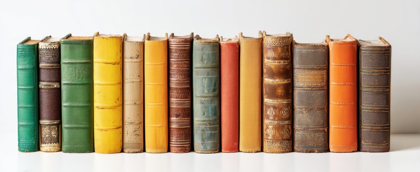 The beautiful collection of vintage books arranged on a white shelf. photo