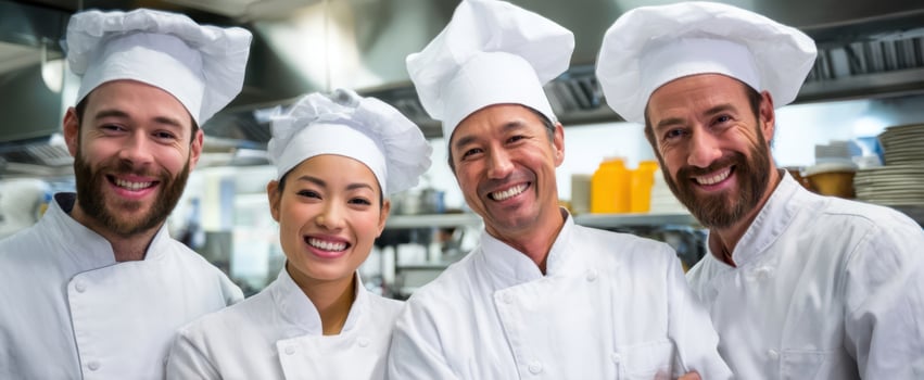 The cheerful chefs showcasing teamwork in a bustling restaurant kitchen. photo