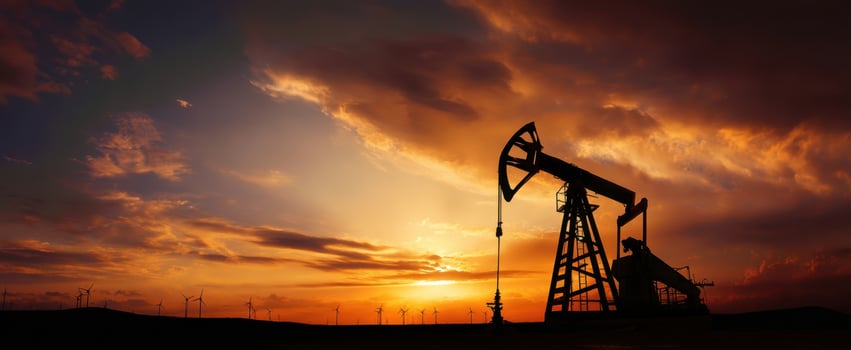 The silhouette of an oil pumpjack against a vibrant sunset landscape. photo
