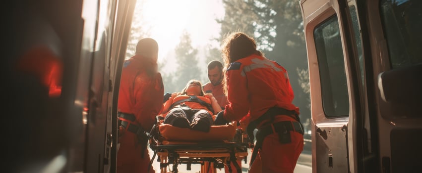 The emergency medical team transporting a patient for urgent care. photo