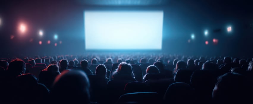 The audience captivated by the big screen in a dimly lit theater photo
