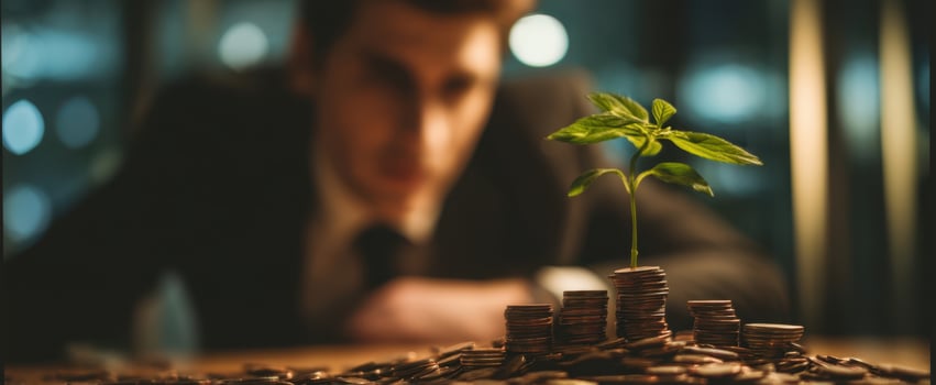 The growth of a plant amidst coins represents financial success and investment potential. photo