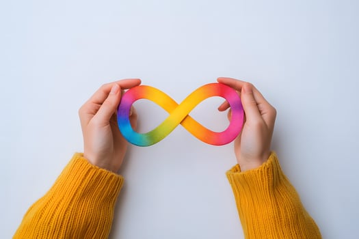 Hands in yellow sweater hold the rainbow infinity symbol against a white background photo
