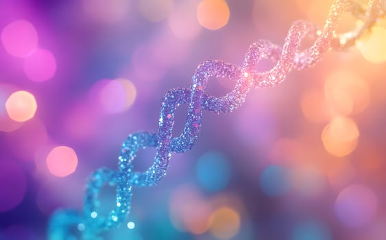 Luminous glittery DNA strand spirals against vibrant blurred backdrop showcasing sparkling purple and blue hues photo