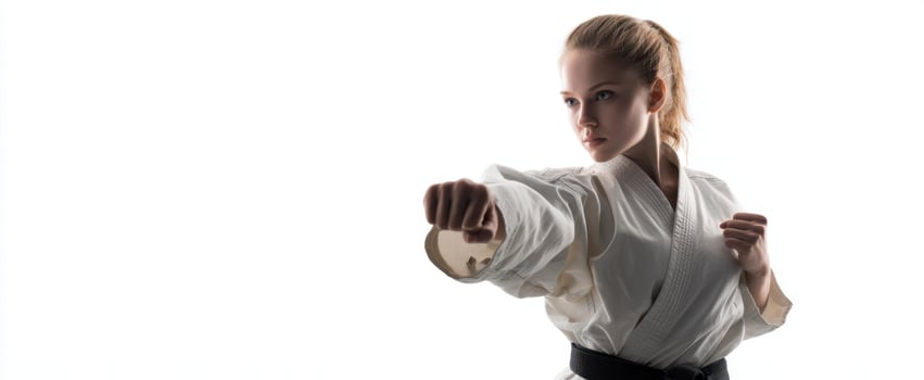 The action-packed karate punch of a focused young martial artist. photo