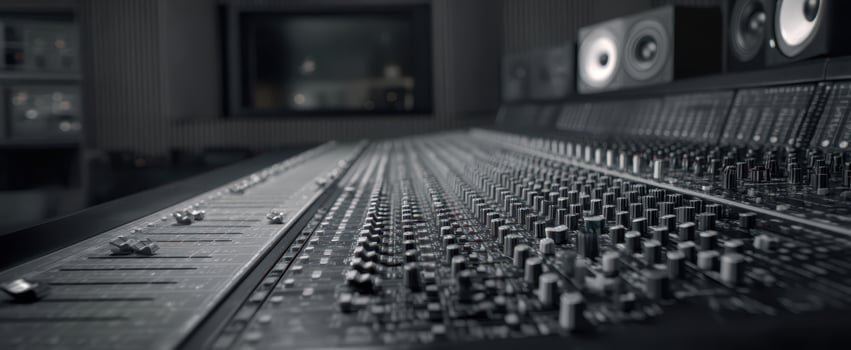 The professional audio mixing console in a modern recording studio environment. photo