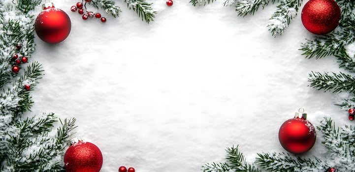 Snowcovered fir branches decorated with red christmas ornaments create a festive winter scene photo