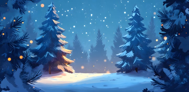 Snowy night shows illuminated pine trees against a blue sky with falling snowflakes photo