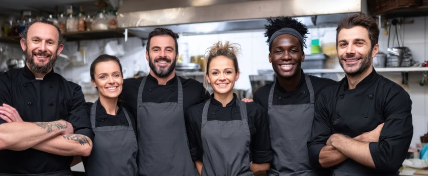 The talented team of chefs celebrating success in a vibrant restaurant kitchen. photo