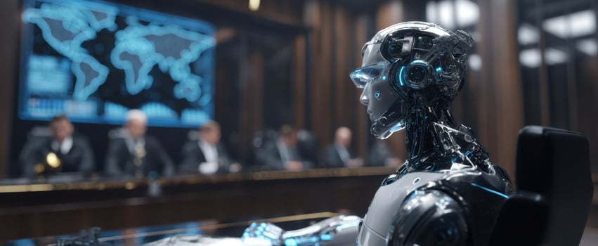 The robot at the business conference showcasing advanced artificial intelligence and technology interactions. photo