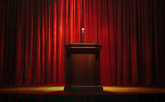 Stage features a wooden podium with a microphone set against flowing red velvet curtains photo