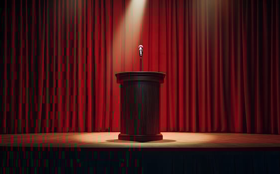 Center stage podium with microphone is illuminated by a spotlight before red curtains photo