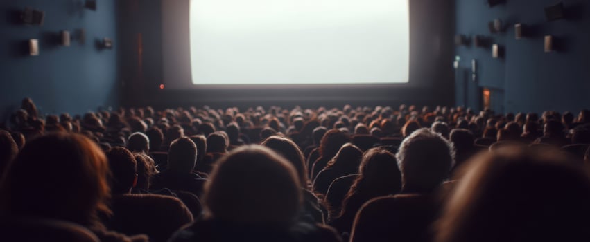 The audience captivated by the blank screen in a movie theater. photo