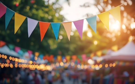 Festive multicolor pennant flags hang beautifully above a bustling and joyous outdoor event photo