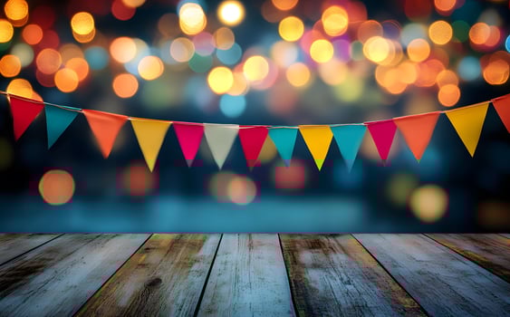 Colorful pennant banner hangs against bokeh lights backdrop above the rustic wood paneling photo
