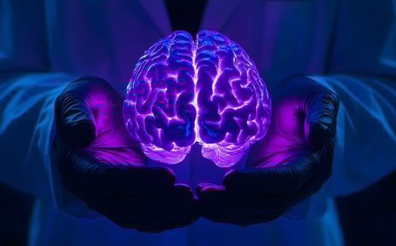 Medical professional cradles a glowing, purple human brain in gloved hands under vibrant blue lighting photo