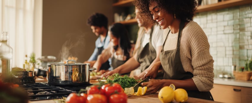 The joyful cooking moments shared among friends in a modern kitchen photo