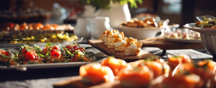The vibrant display of gourmet appetizers on a beautifully arranged buffet table. photo