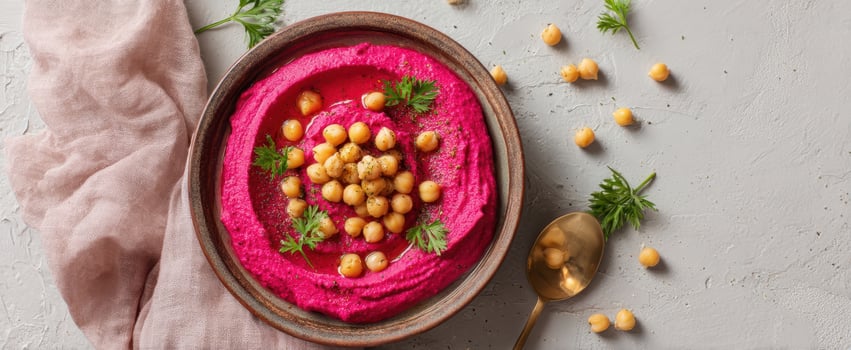 The vibrant beetroot hummus served in an elegant bowl with chickpeas. photo