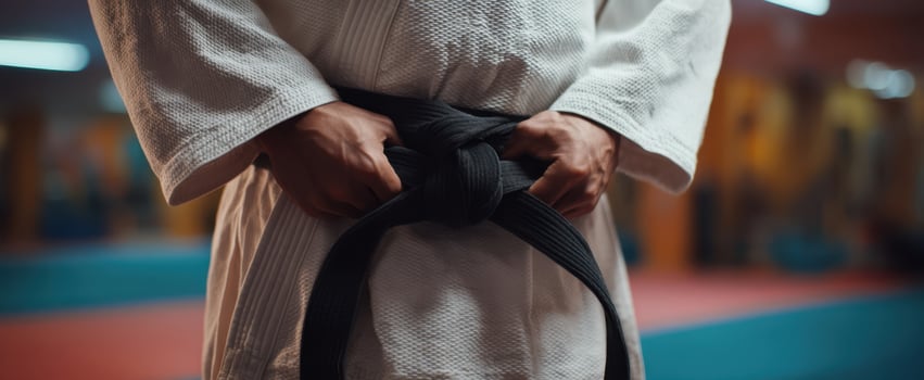 The focused athlete ties a black belt in a judo training session. photo