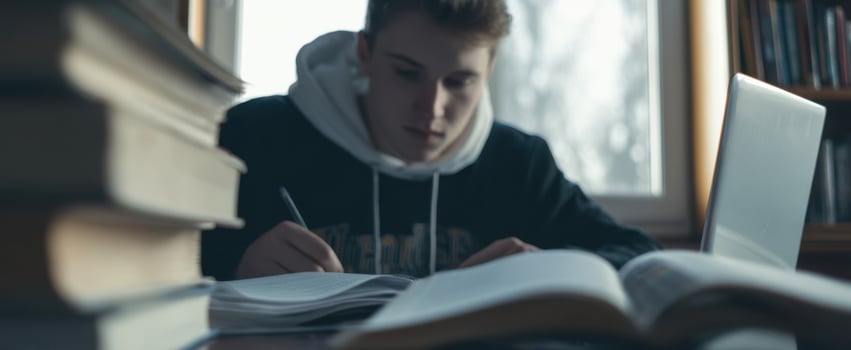 The student engaged in focused study with books and a laptop. photo