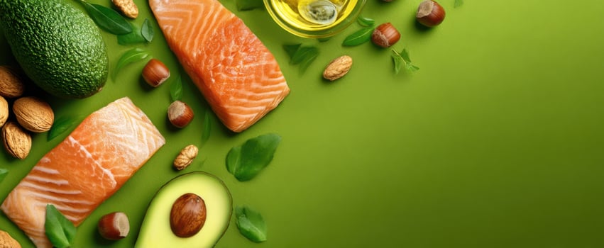 The vibrant display of fresh salmon, avocado, nuts, and olive oil. photo