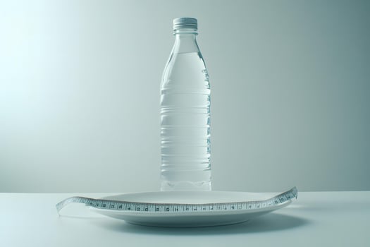 A water bottle sits behind plate encircled by measuring tape, symbolizing health focus photo