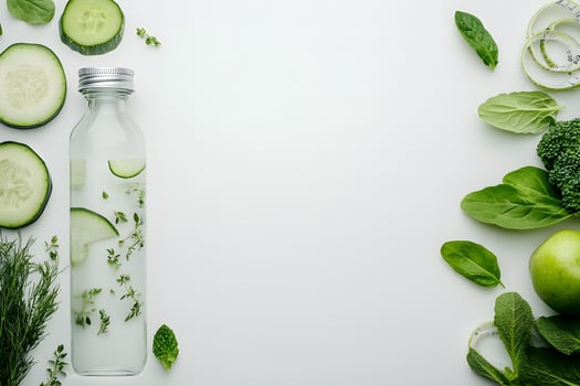 Green vegetables surround water bottle with cucumber and herbs on a clean, bright background photo