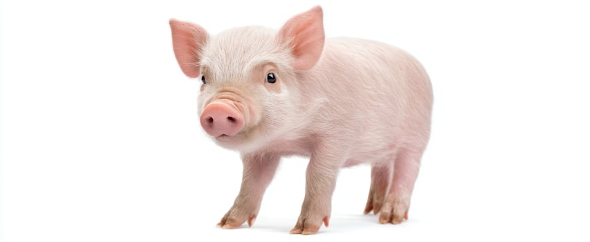 The adorable young piglet standing playfully on a white background. photo
