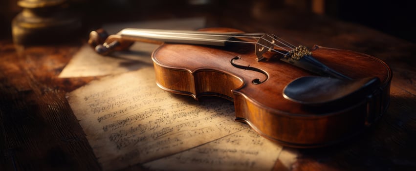 The elegant violin resting on sheet music in warm, inviting light photo