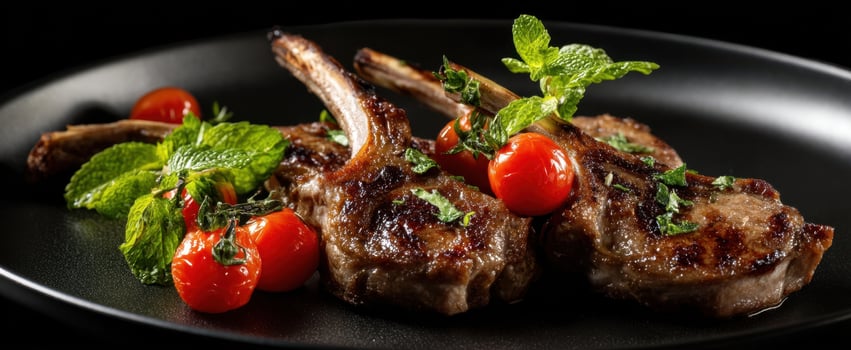 The succulent grilled lamb chops garnished with fresh mint and cherry tomatoes. photo