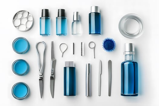 Blue tinted skincare glass bottles and silver metal grooming tools neatly arranged on a white surface photo