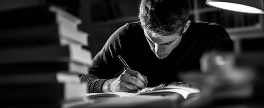 The focused student immersed in writing amidst stacks of books. photo