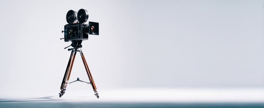 The vintage camera on a tripod against a minimalistic backdrop. photo