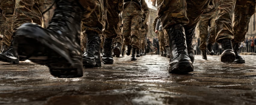 The soldiers marching in formation on a city street showcasing discipline and unity. photo