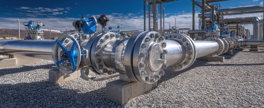 The industrial pipeline system with valves and blue accents in an outdoor setting. photo