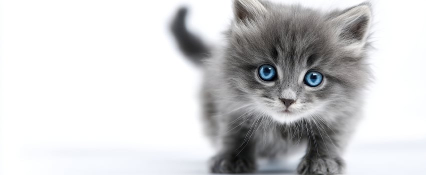 The adorable gray kitten with striking blue eyes on a white background. photo