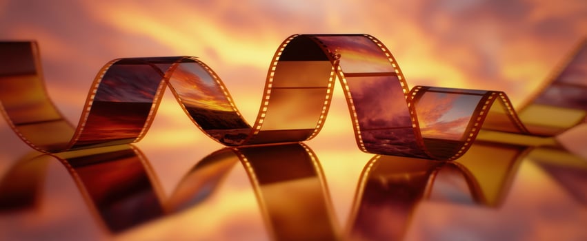 The vibrant filmstrip showcasing beautiful landscapes against a stunning sunset backdrop. photo