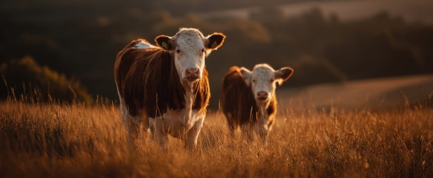 The cows grazing peacefully in a sunlit field during golden hour. photo