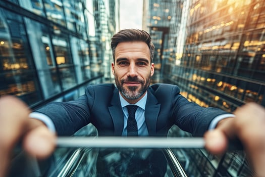 Confident businessman taking a selfie on a moving escalator between skyscrapers photo