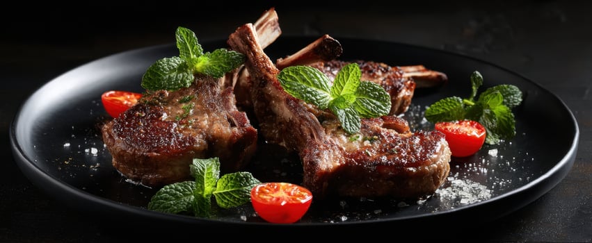 The beautifully plated lamb chops garnished with fresh mint and cherry tomatoes. photo