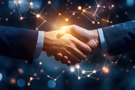 Business partnership agreement illuminated by digital network photo